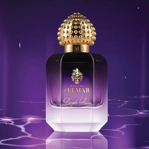 Parfums d'Elmar - Purple Rain Parfumflakon mit goldfarbenem, facettiertem Verschluss und Farbverlauf von Violett zu Weiß vor lila Hintergrund