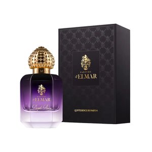Parfums d'Elmar - Purple Rain Flakon mit goldfarbenem, strukturiertem Verschluss und Farbverlauf von Violett zu Weiß neben schwarzer Verpackung