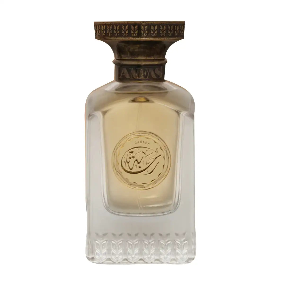 Anfas - Essence of Arabia Collection - Rahaba Parfumflakon mit goldenem Aufdruck und verziertem bronzenem Verschluss vor weißem Hintergrund