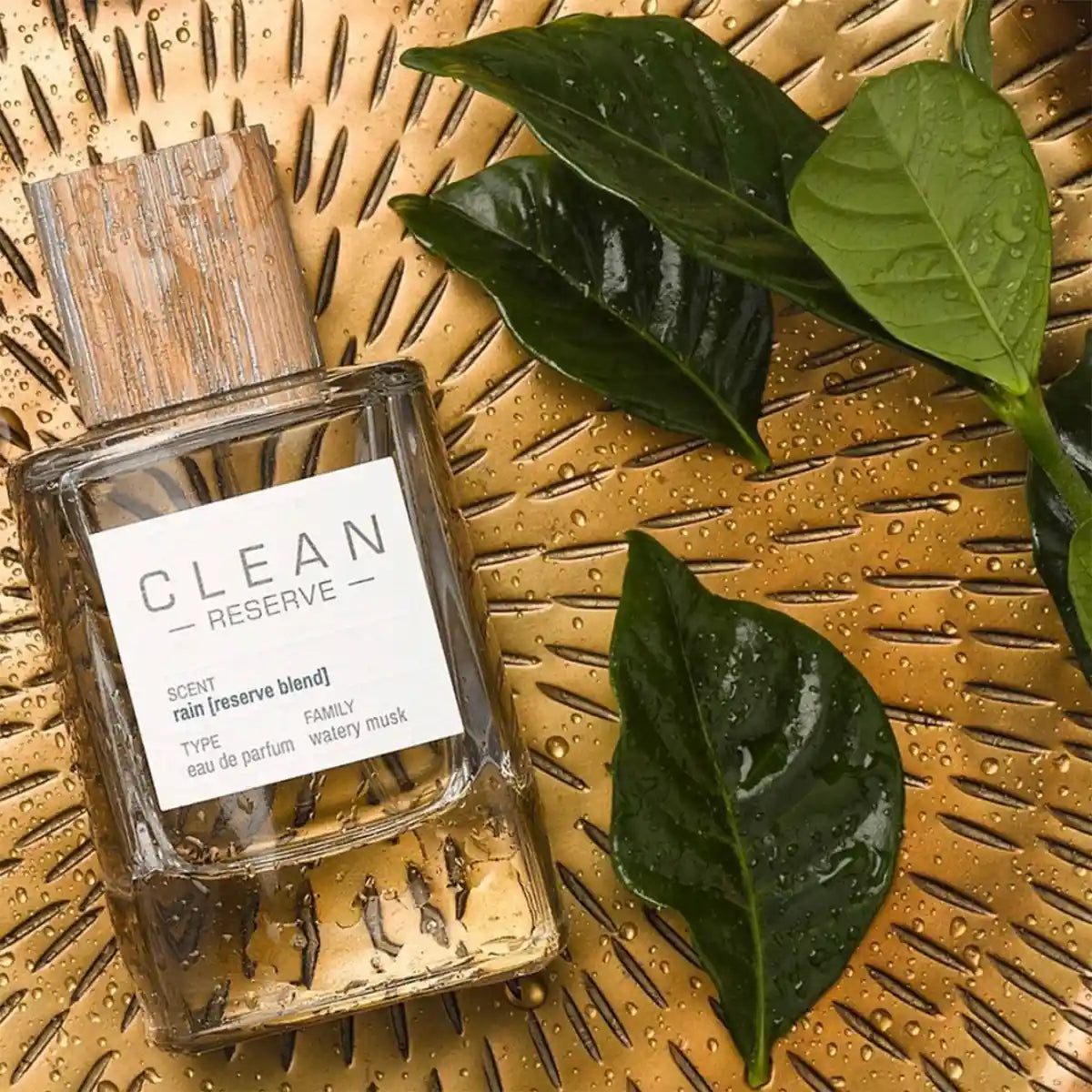 Clean Perfume - Reserve - rain [reserve blend] Parfumflakon auf goldenem Teller mit frischen, nassen grünen Blättern