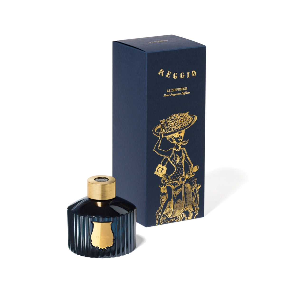 Trudon - Les Belles Matiéres - Reggio - Diffusor mit geriffeltem dunkelblauem Glas und goldfarbenem Verschluss vor weißem Hintergrund