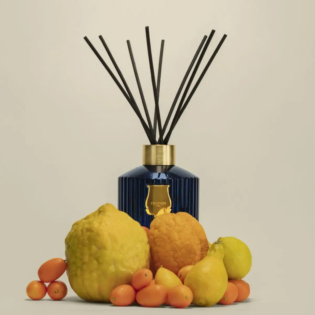 Trudon - Les Belles Matiéres - Reggio - Diffusor mit dunkelblauem, facettiertem Glas und goldfarbenem Verschluss vor hellem Hintergrund