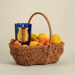 Trudon - Les Belles Matières - Reggio - Duftkerze im tiefblauen Glas mit goldenem Emblem und fruchtigem Zitruskorb