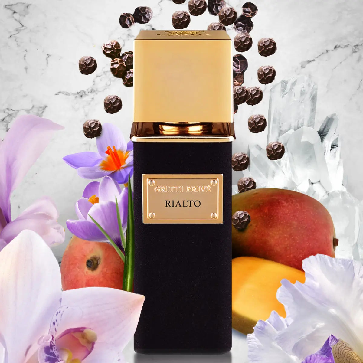 Gritti - Parfum Privée - Rialto Duftflakon mit schwarzem Gehäuse, goldfarbenem Deckel und floralen sowie fruchtigen Akzenten