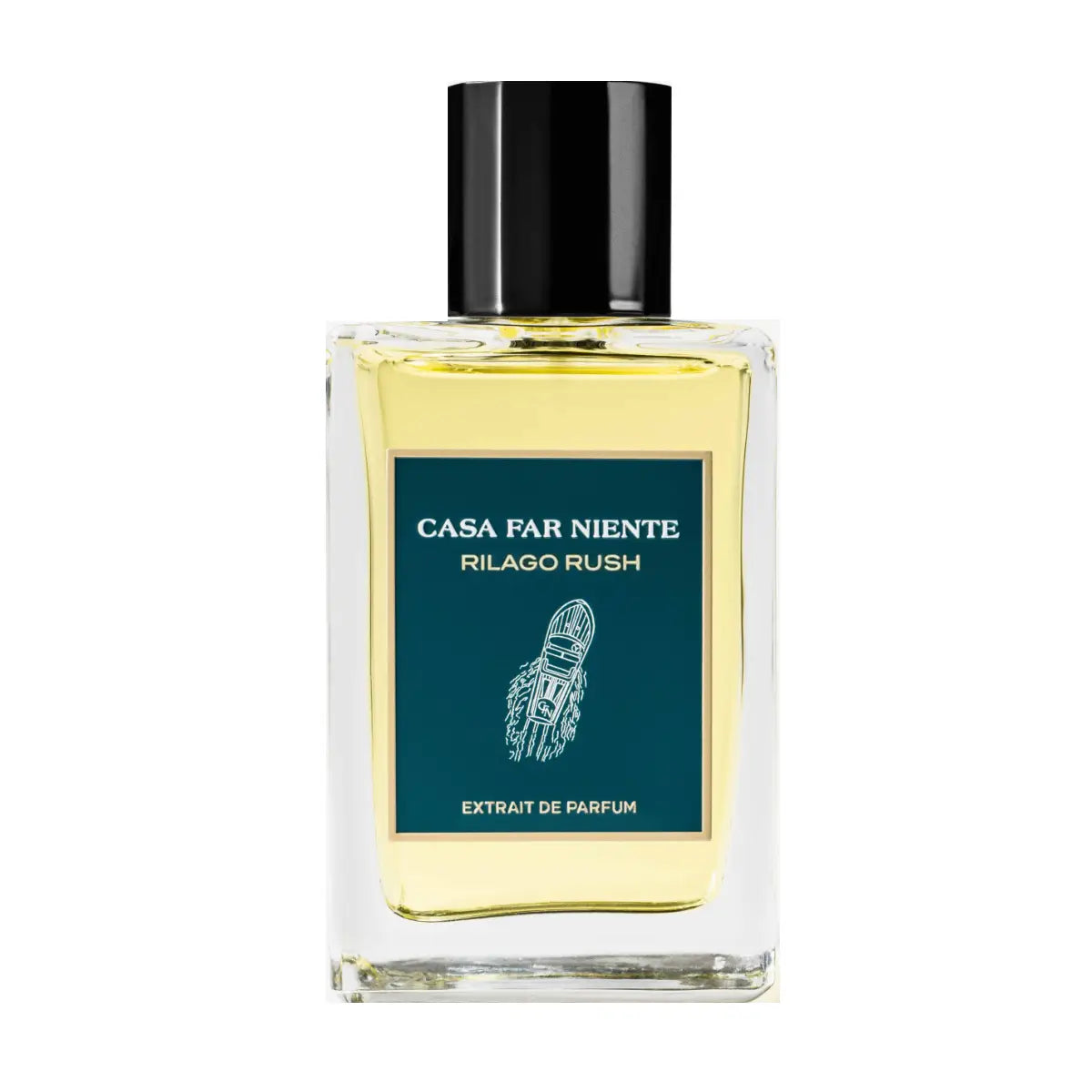 Casa Far Niente - Rilago Rush Parfumflakon mit goldgelber Flüssigkeit und schwarzem Verschluss vor weißem Hintergrund