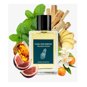 Casa Far Niente - Rilago Rush Parfumflakon mit frischen Minzblättern, Ingwer, Feigen und weißen Blüten arrangiert