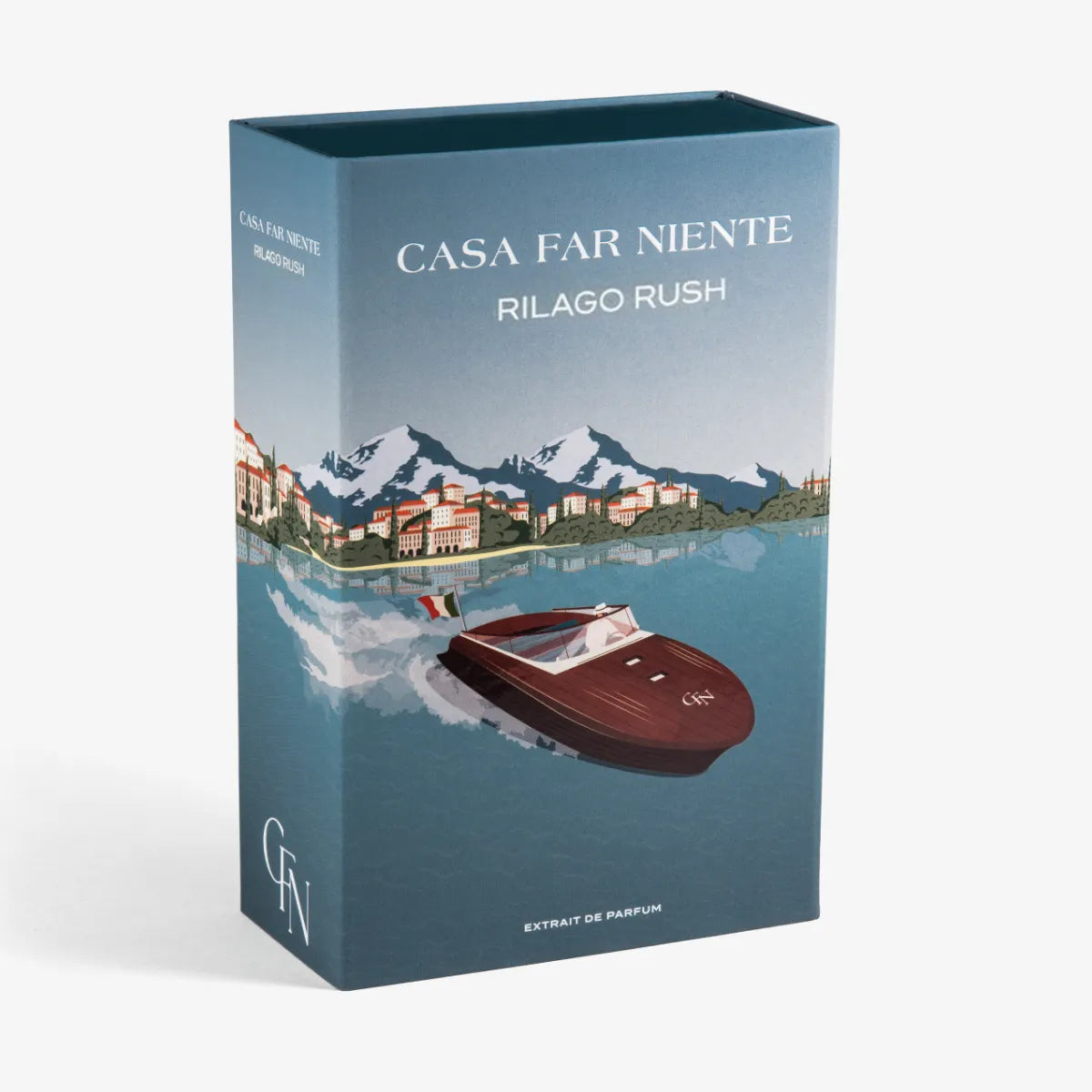 Casa Far Niente - Rilago Rush Verpackung mit stilisiertem Motorboot auf klarblauem Wasser vor Alpenpanorama