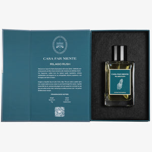 Casa Far Niente - Rilago Rush Parfumflakon in eleganter Geschenkbox mit stilisierter Figur und blauem Innenkarton