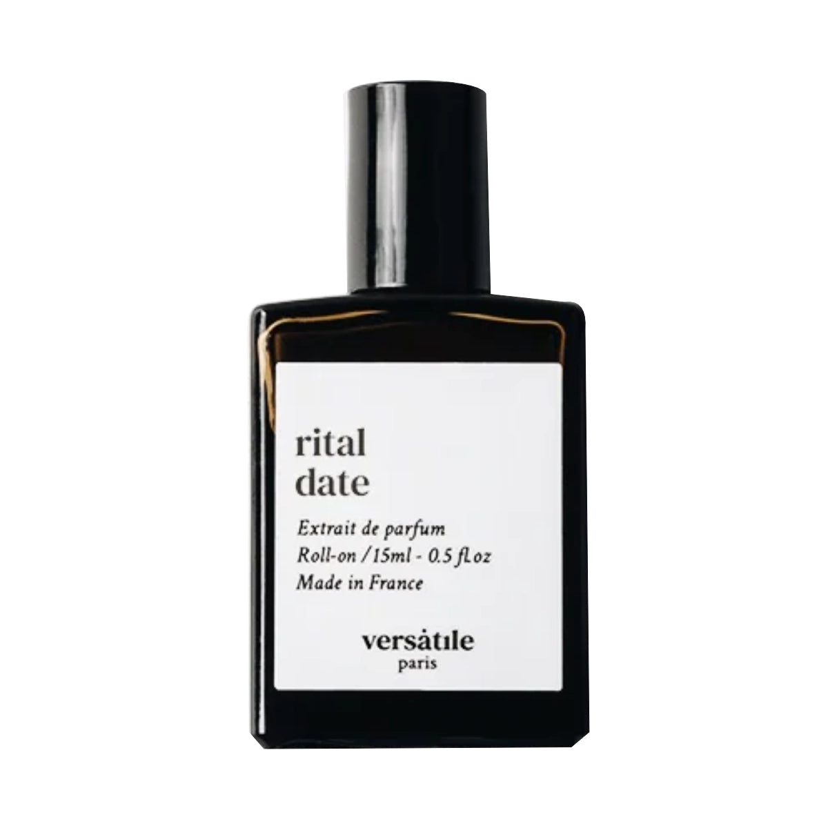 Versatile - Rital Date Roll-on Flakon in schlichtem Schwarz mit weißem Etikett auf weißem Hintergrund