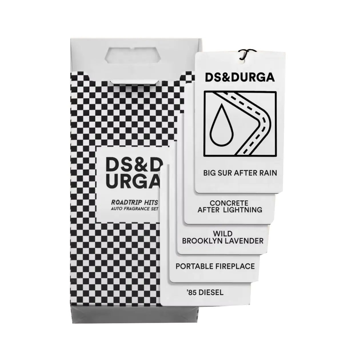 D.S. & Durga - Road Trip Hits - Car Fragrance Set mit fünf Autodüften und modernem Schachbrettmuster-Verpackungsdesign