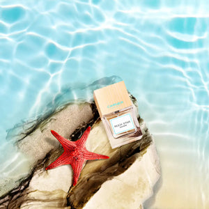 Carner Barcelona - Mediterranean Collection - Rock Star Flakon auf Stein mit rotem Seestern im klaren Wasser des Mittelmeers