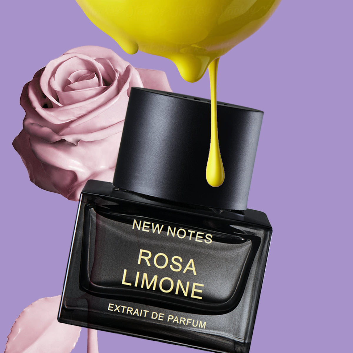 New Notes - Contemporary Blend Collection - Rosa Limone schwarzer Parfumflakon mit tropfender gelber Flüssigkeit vor lila Hintergrund