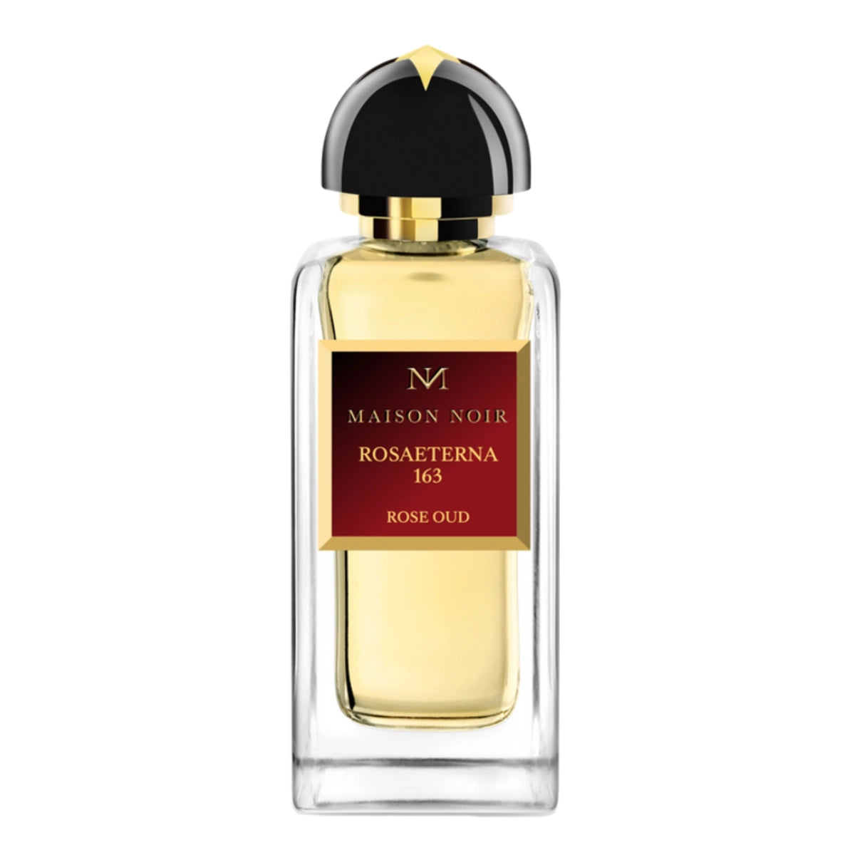 Maison Noir - RosaEterna 163 zeigt eleganten Duft mit goldener Flüssigkeit und schwarzem Deckel vor weißem Hintergrund