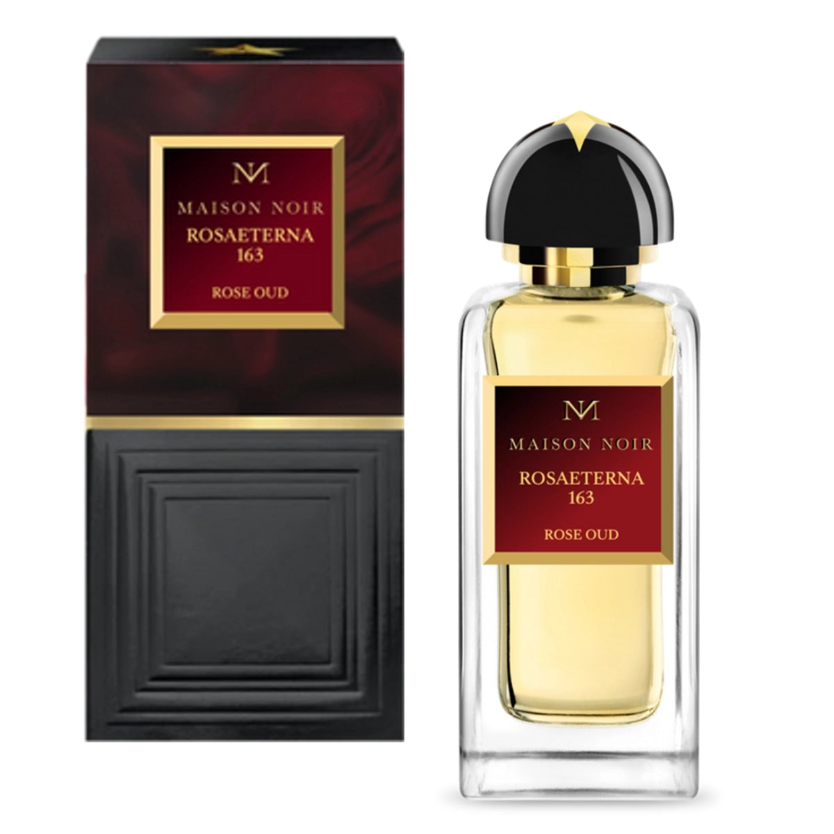 Maison Noir - RosaEterna 163 zeigt goldene Flüssigkeit in klarer Flasche mit schwarzem Deckel und luxuriöser Verpackung