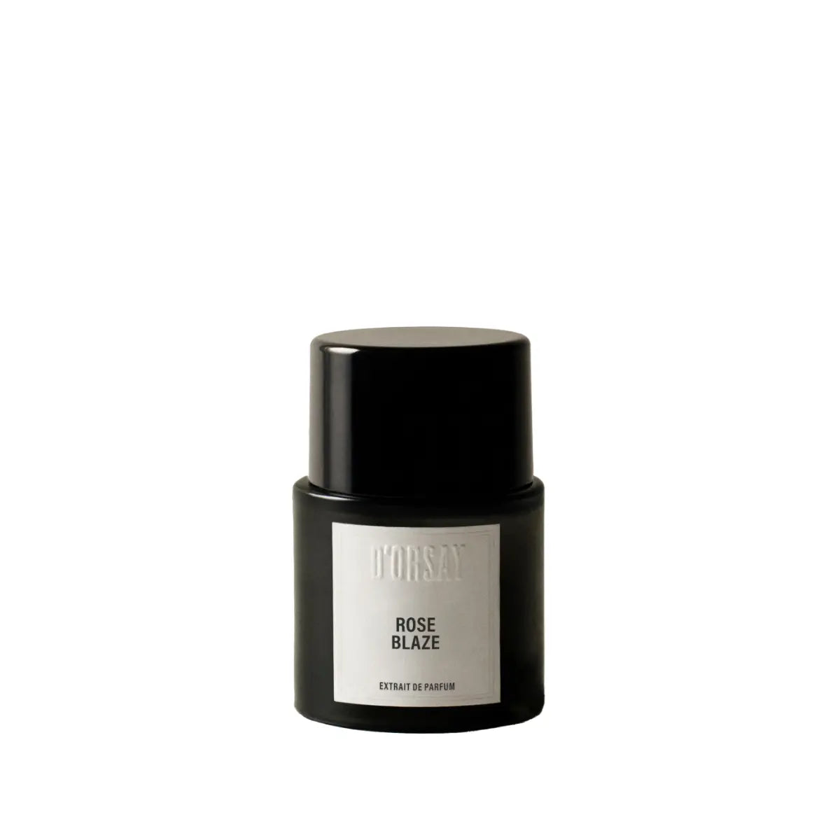 D'Orsay - Rose Blaze Extrait de Parfum im schwarzen, minimalistischen Flakon mit weißem Etikett vor weißem Hintergrund