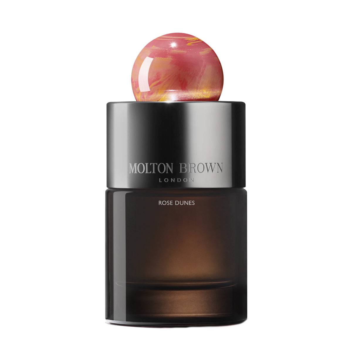 Molton Brown - Rose Dunes eleganter Parfumflakon mit schwarzem Glas und Marmor-Kugelverschluss vor weißem Hintergrund