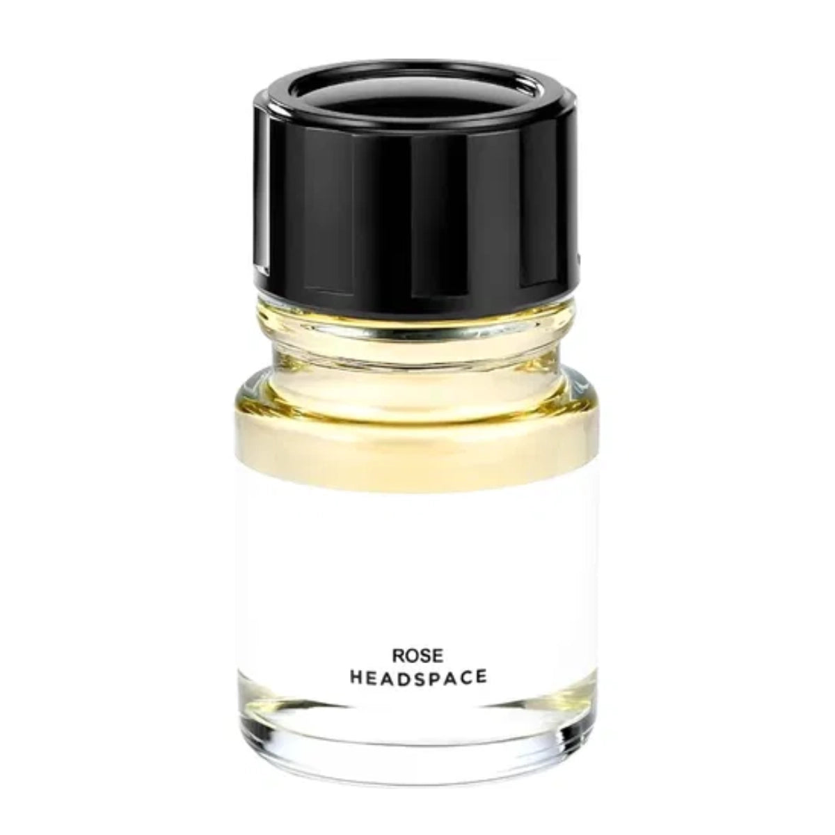Headspace - Rose Parfümflakon mit klarem Glas und schwarzem Deckel vor weißem Hintergrund