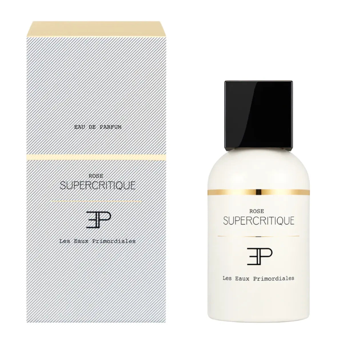 Les Eaux Primordiales - Rose Supercritique zeigt eleganten weißen Flakon mit schwarzem Deckel und passender Verpackung