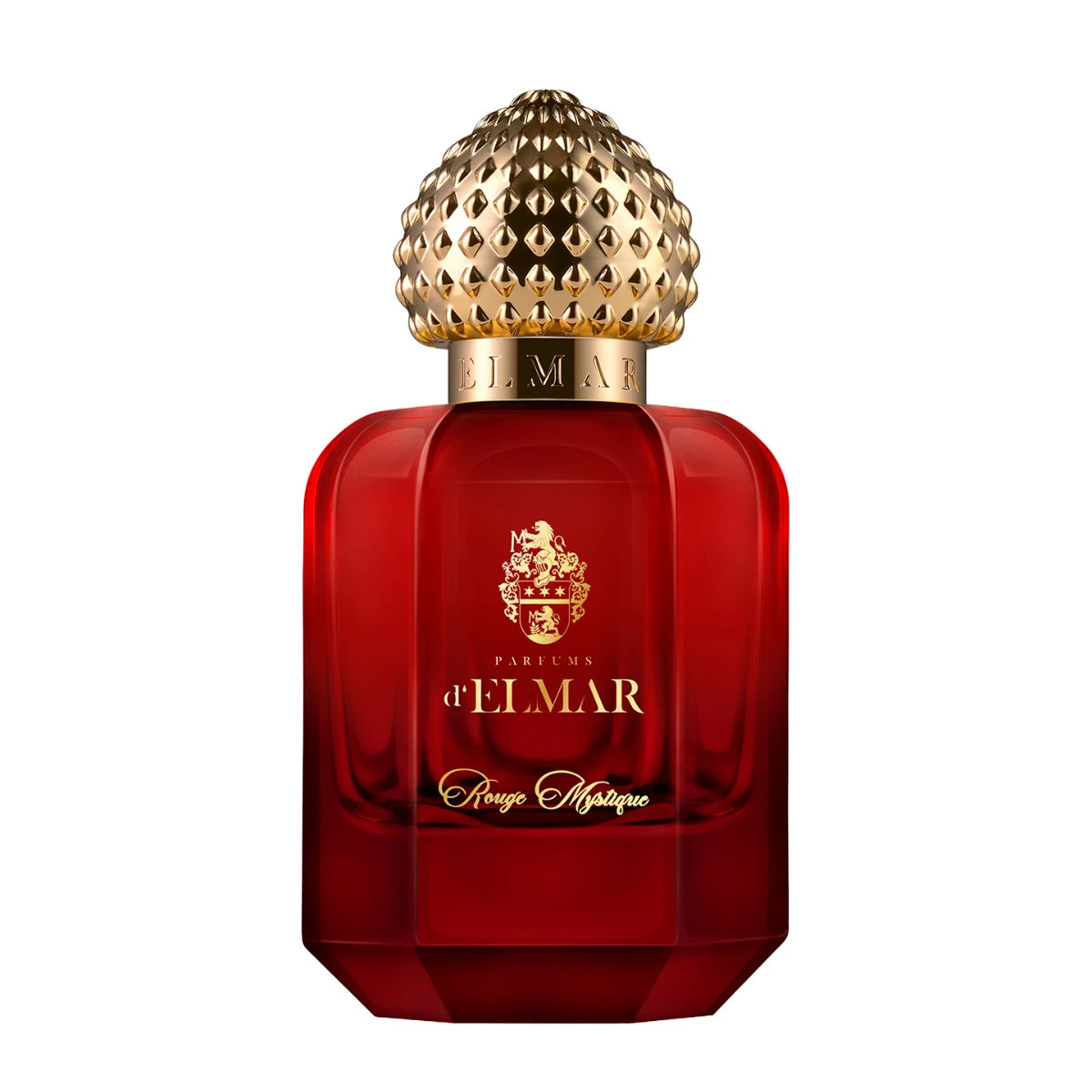 Parfums d'Elmar - Rouge Mystique roter Flakon mit goldenem, dekorativem Verschluss und elegantem Wappenmotiv