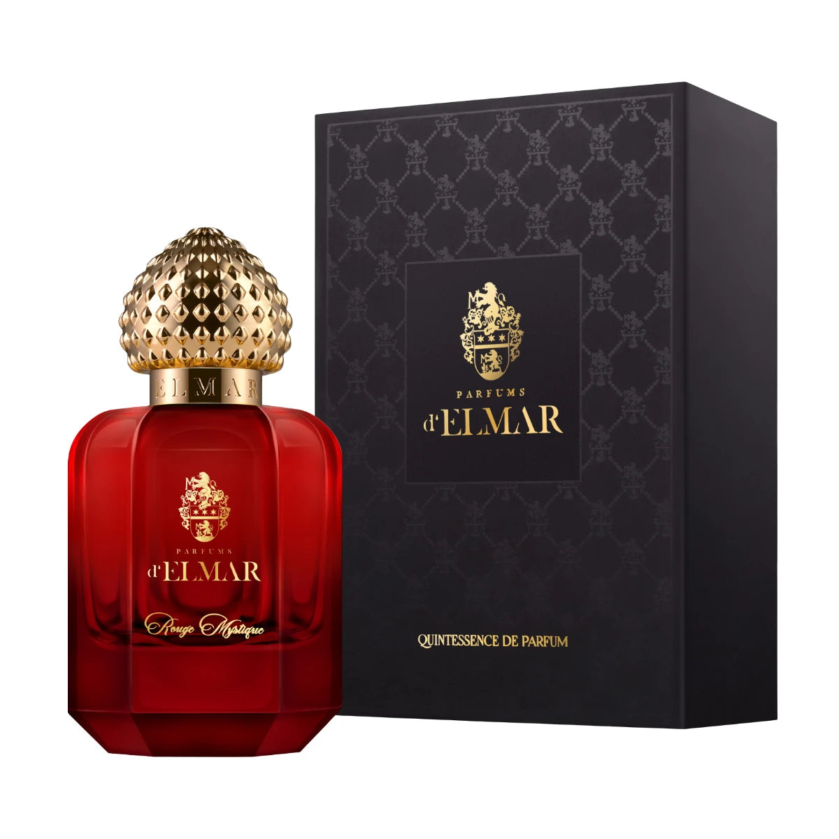 Parfums d'Elmar - Rouge Mystique roter Flakon mit goldener, strukturiert geprägter Kappe und edler schwarzer Box
