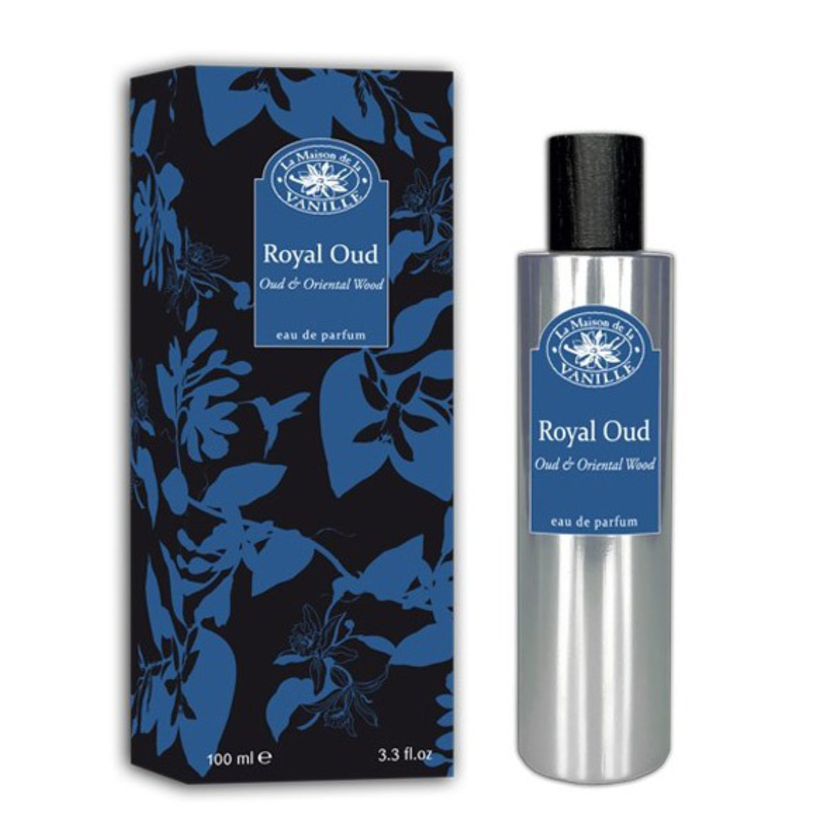 La Maison de la Vanille - Absolu D`Orient - Royal Oud Parfumflakon mit silberner Flasche und dunkelblauem Blumenmusterkarton