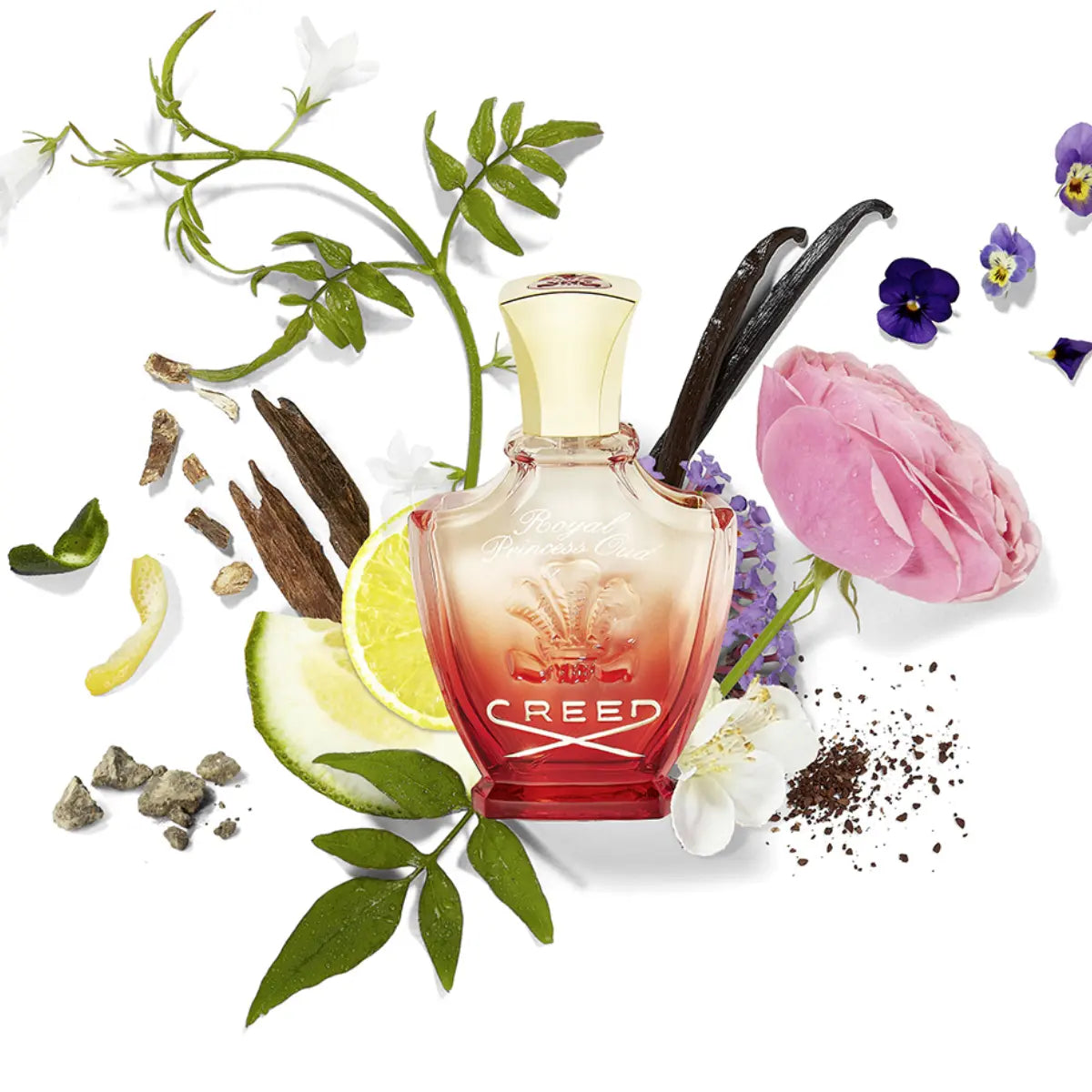 Creed - Royal Princess Oud Flakon mit Farbverlauf und floralen sowie Oud-Noten vor weißem Hintergrund