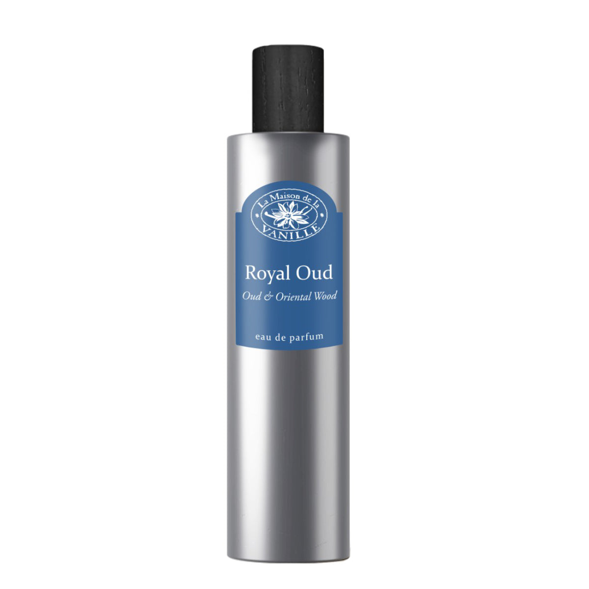 La Maison de la Vanille - Absolu D`Orient - Royal Oud Parfumflakon in silbernem Design mit blauem Etikett und schwarzem Verschluss