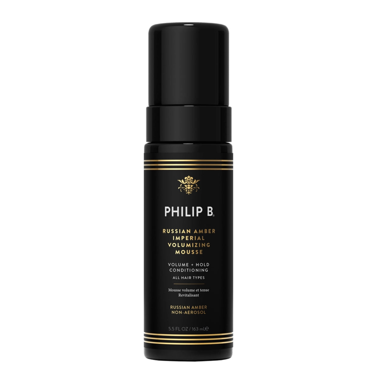 Philip B - Russian Amber Imperial Volumizing Mousse Non-Aerosol in schwarzer Flasche mit goldener Schrift für mehr Haarvolumen