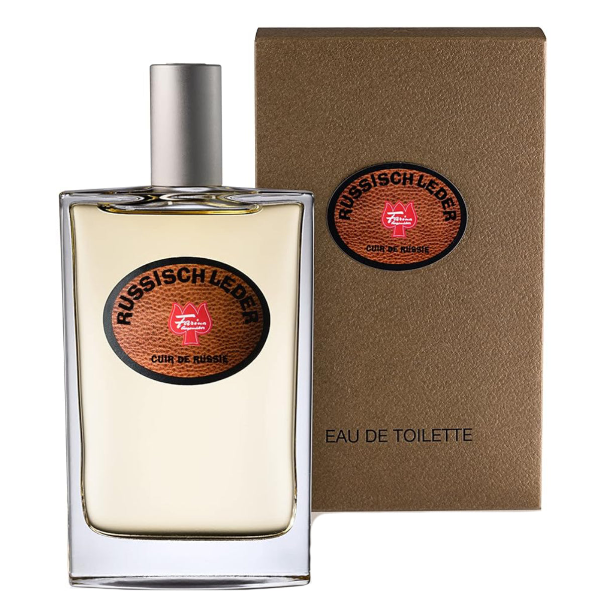 Farina - Russisch Leder Eau de Toilette mit rechteckigem Flakon und braunem Etikett vor weißem Hintergrund