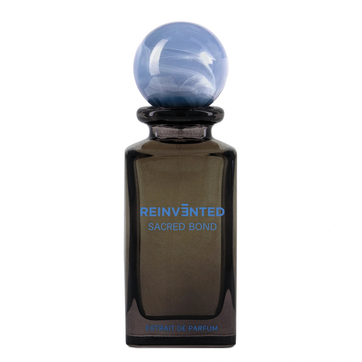 Reinvented Parfums - Sacred Bond dunkler Flakon mit hellblau marmoriertem Kugeldeckel und modernem Schriftzug