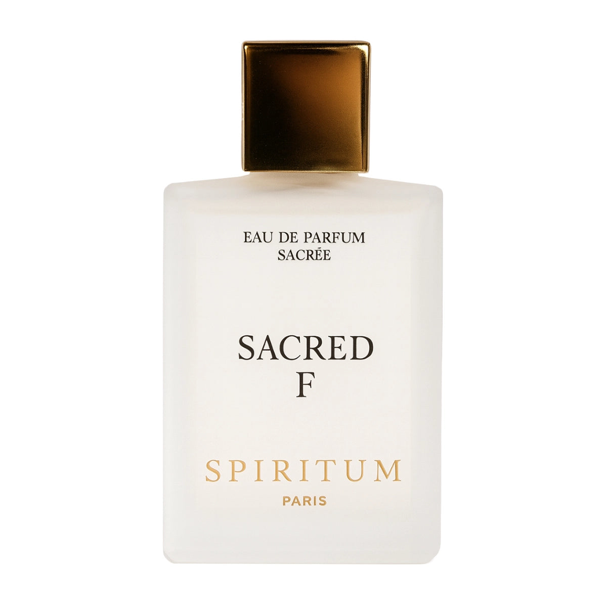 Spiritum - Sacred F Parfumflakon aus mattiertem Glas mit goldfarbenem Verschluss vor weißem Hintergrund