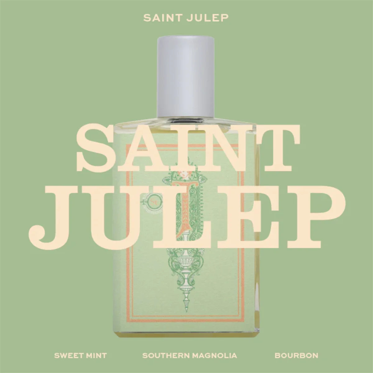 Imaginary Authors - Saint Julep in rechteckiger Flasche mit zartgrünem Etikett und schlichtem weißem Verschluss vor grünem Hintergrund