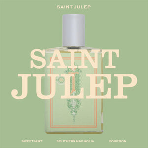 Imaginary Authors - Saint Julep in rechteckiger Flasche mit zartgrünem Etikett und schlichtem weißem Verschluss vor grünem Hintergrund