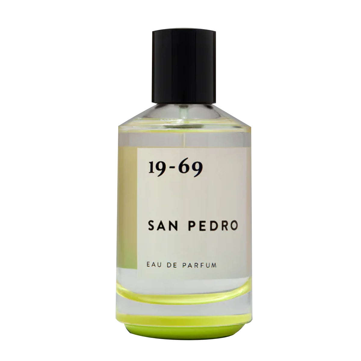 19-69 - San Pedro Parfumflakon mit transparentem Glas und schwarzem Verschluss vor weißem Hintergrund