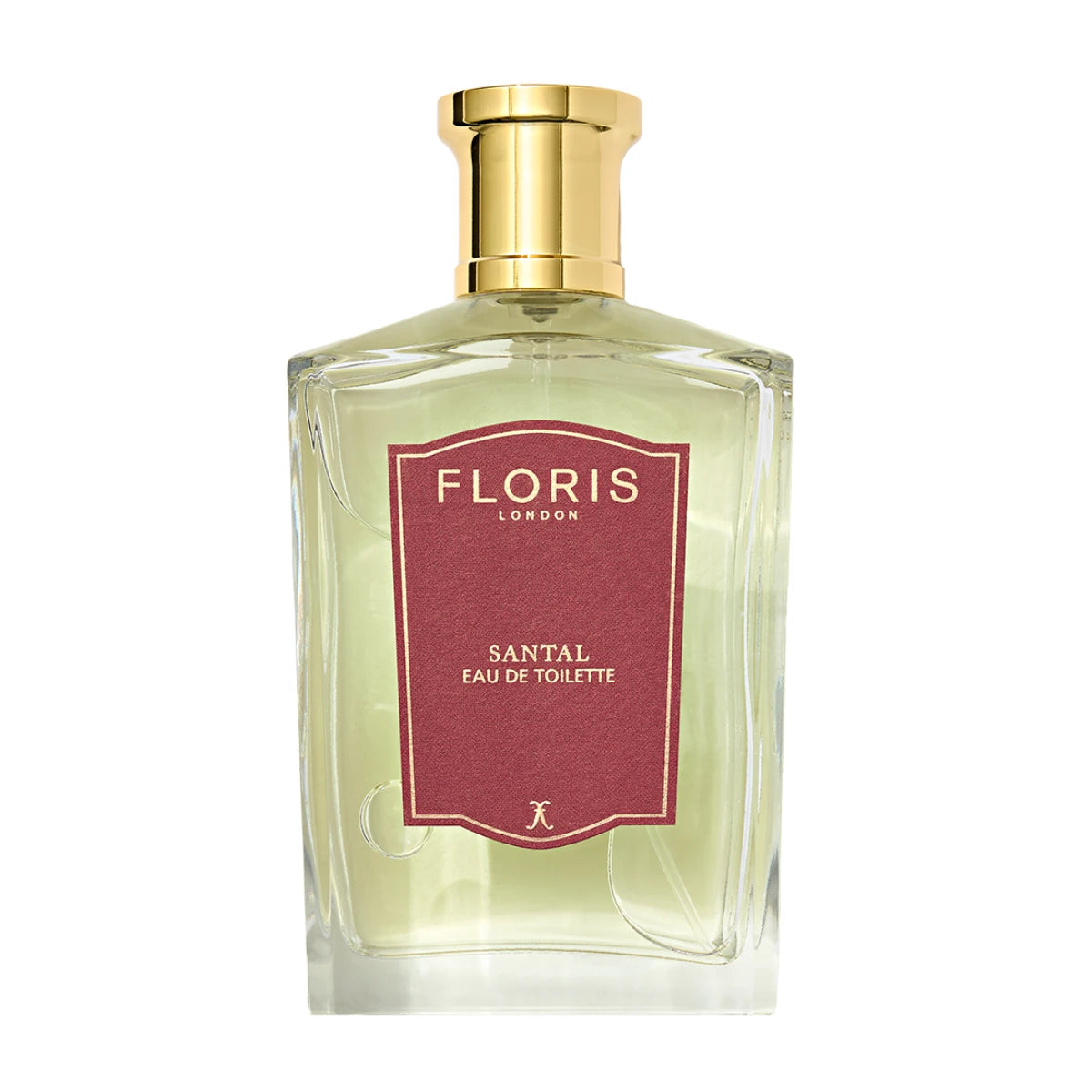 Floris - Santal klarer Flakon mit goldfarbenem Verschluss und rotem Etikett vor weißem Hintergrund