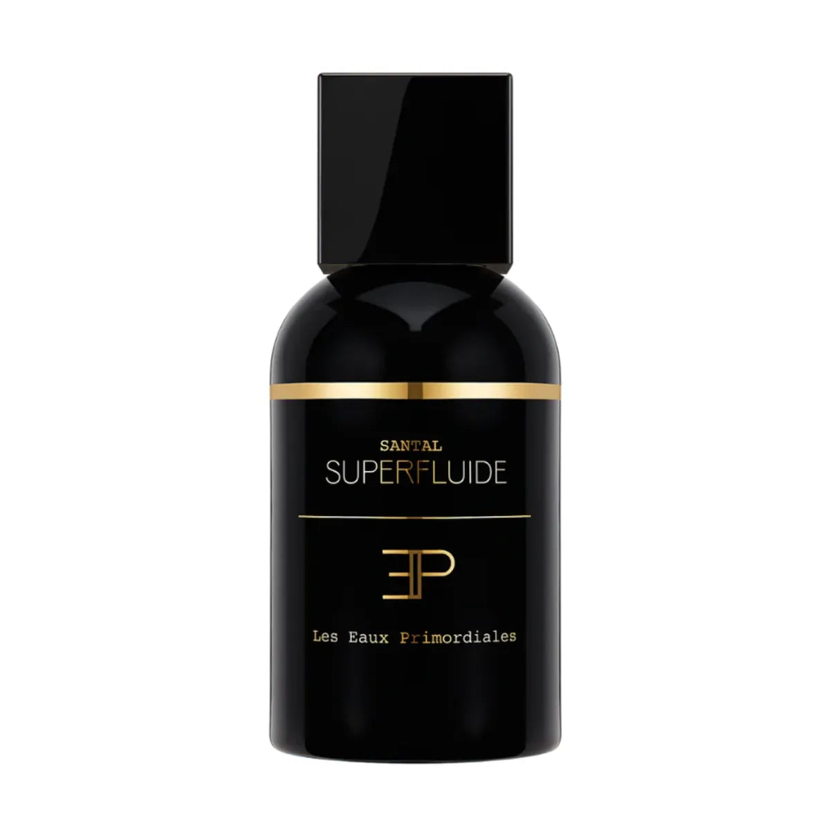 Les Eaux Primordiales - Santal Superfluide schwarzer Flakon mit goldener Linie und elegantem Verschluss vor weißem Hintergrund