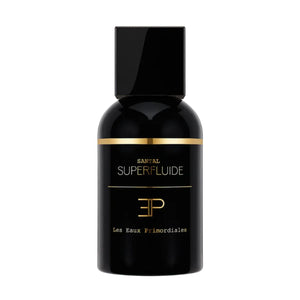 Les Eaux Primordiales - Santal Superfluide schwarzer Flakon mit goldener Linie und elegantem Verschluss vor weißem Hintergrund