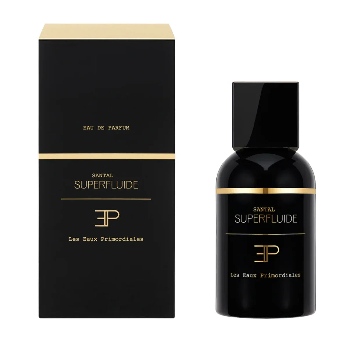 Les Eaux Primordiales - Santal Superfluide schwarzer Flakon und Verpackung mit goldener Linie vor weißem Hintergrund