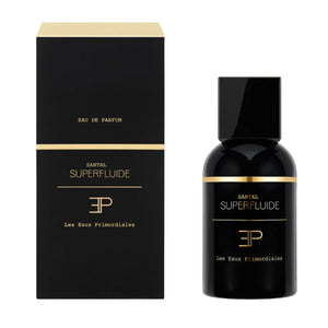 Les Eaux Primordiales - Santal Superfluide schwarzer Flakon und Verpackung mit goldener Linie vor weißem Hintergrund