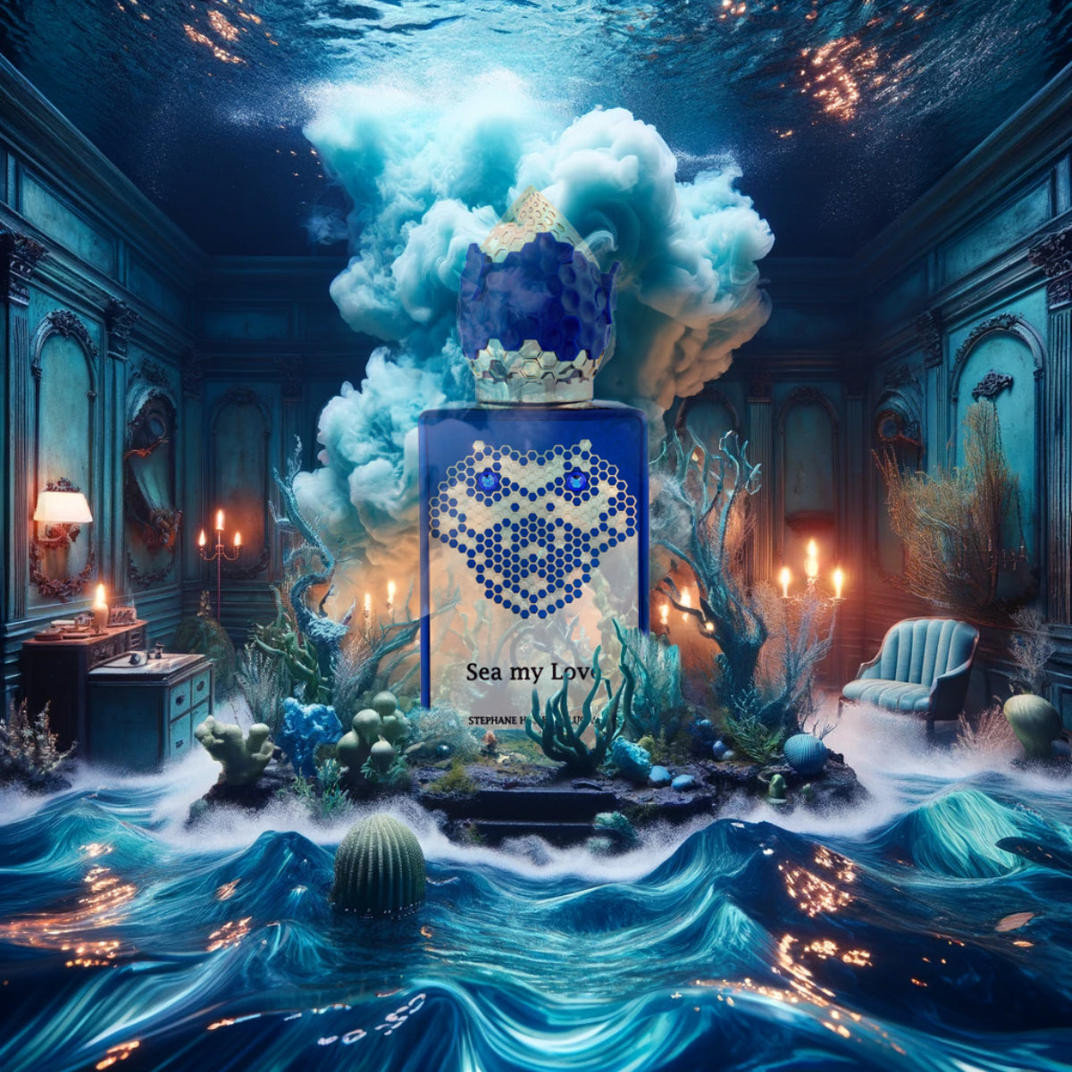 Stéphane Humbert Lucas 777 - Sea my Love Flakon im mystischen Unterwasser-Interieur mit leuchtenden Blau- und Goldakzenten