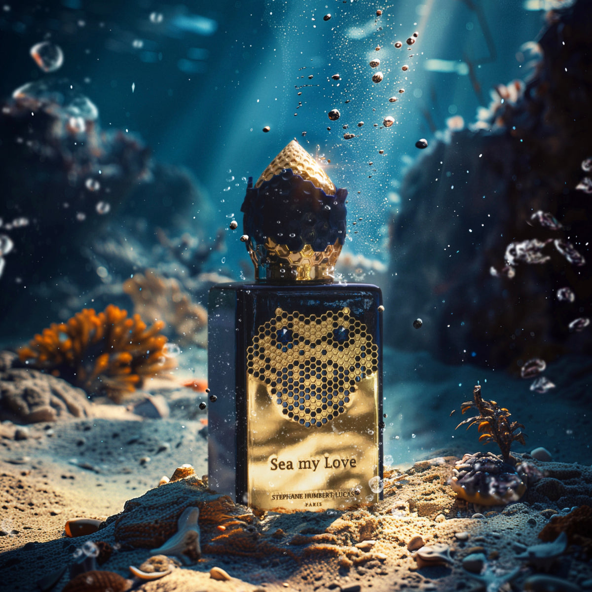 Stéphane Humbert Lucas 777 - Sea my Love Parfumflakon mit goldener Schlangengrafik in mystischer Unterwasserwelt