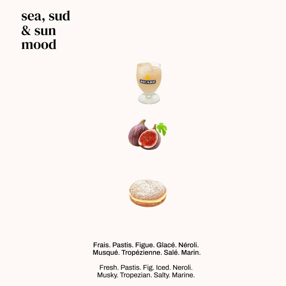 Versatile - Sea, Sud & Sun Komposition mit Glas Pastis, frischer Feige und cremiger Süßspeise auf hellem Hintergrund