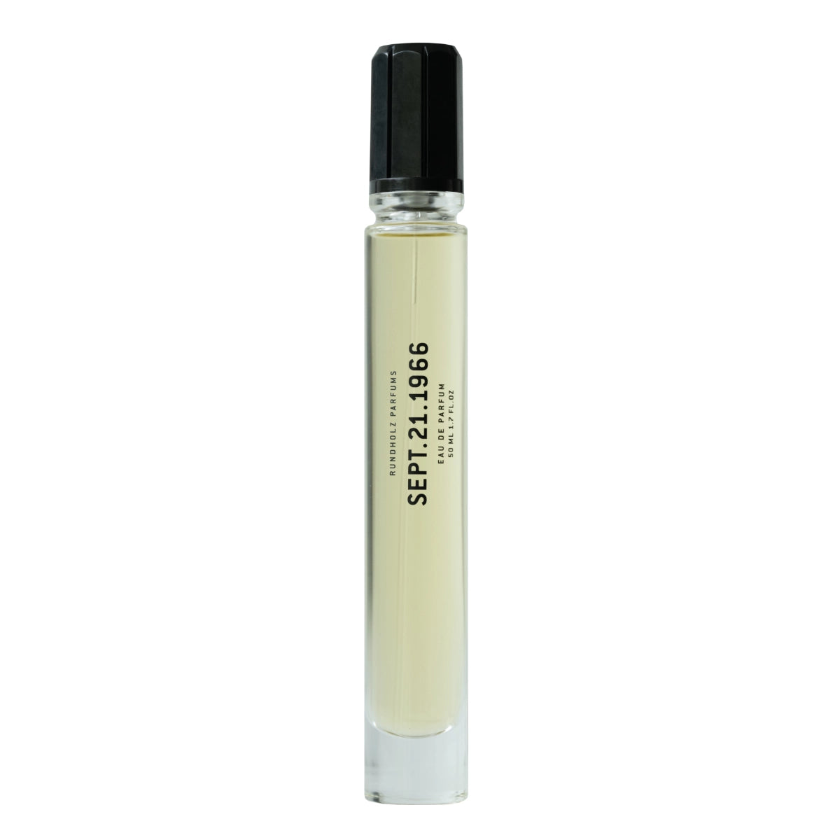 Rundholz Parfums - SEPT.21.1966 schlanker Glasflakon mit hellem Duft und schlichtem schwarzem Verschluss vor weißem Hintergrund