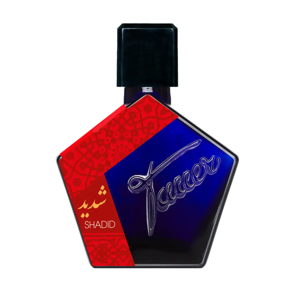 Andy Tauer - Shadid Parfumflakon mit auffälligem blau-rotem Design und schwarzem Verschluss vor weißem Hintergrund