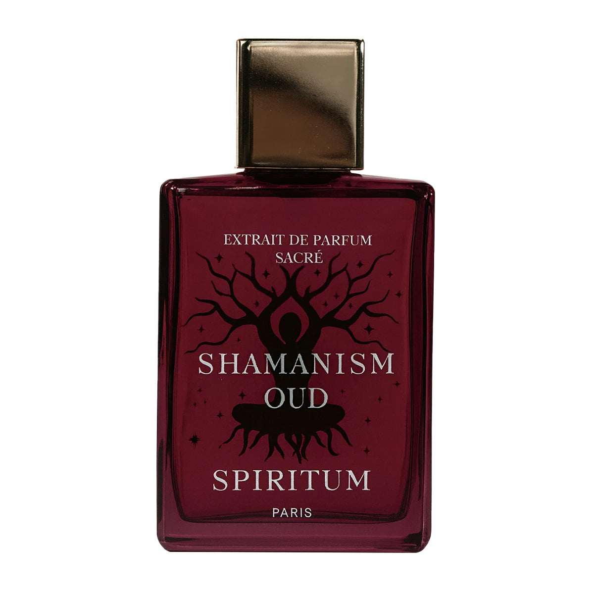 Spiritum - Shamanism Oud Parfumflakon in tiefrotem Glas mit goldenem Verschluss vor weißem Hintergrund
