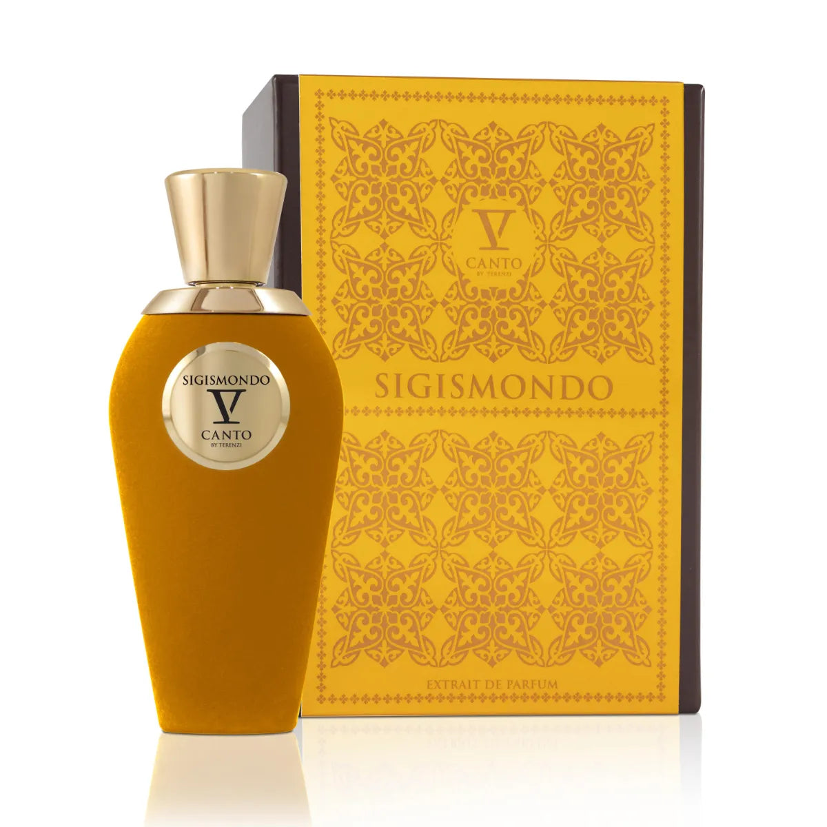 V Canto - Sigismondo Parfumflakon mit samtig goldgelbem Bezugsstoff und elegantem goldfarbenem Verschluss vor passender Box