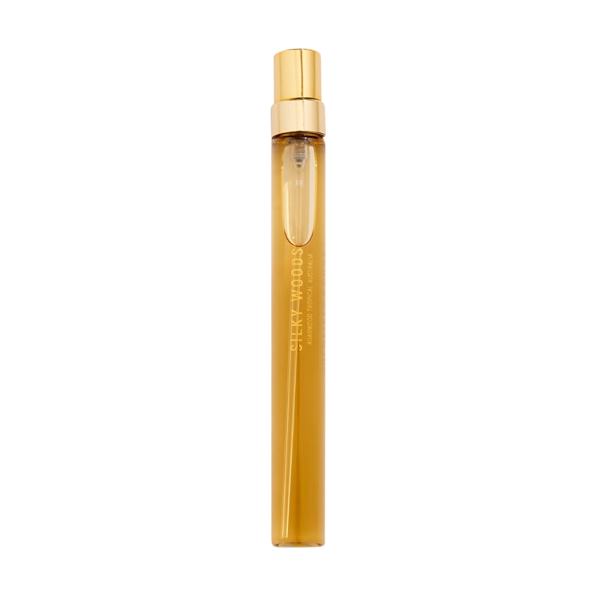Goldfield & Banks - Botanical Series - Silky Woods Duftroller mit goldfarbenem Verschluss und bernsteinfarbener Flüssigkeit vor weißem Hintergrund