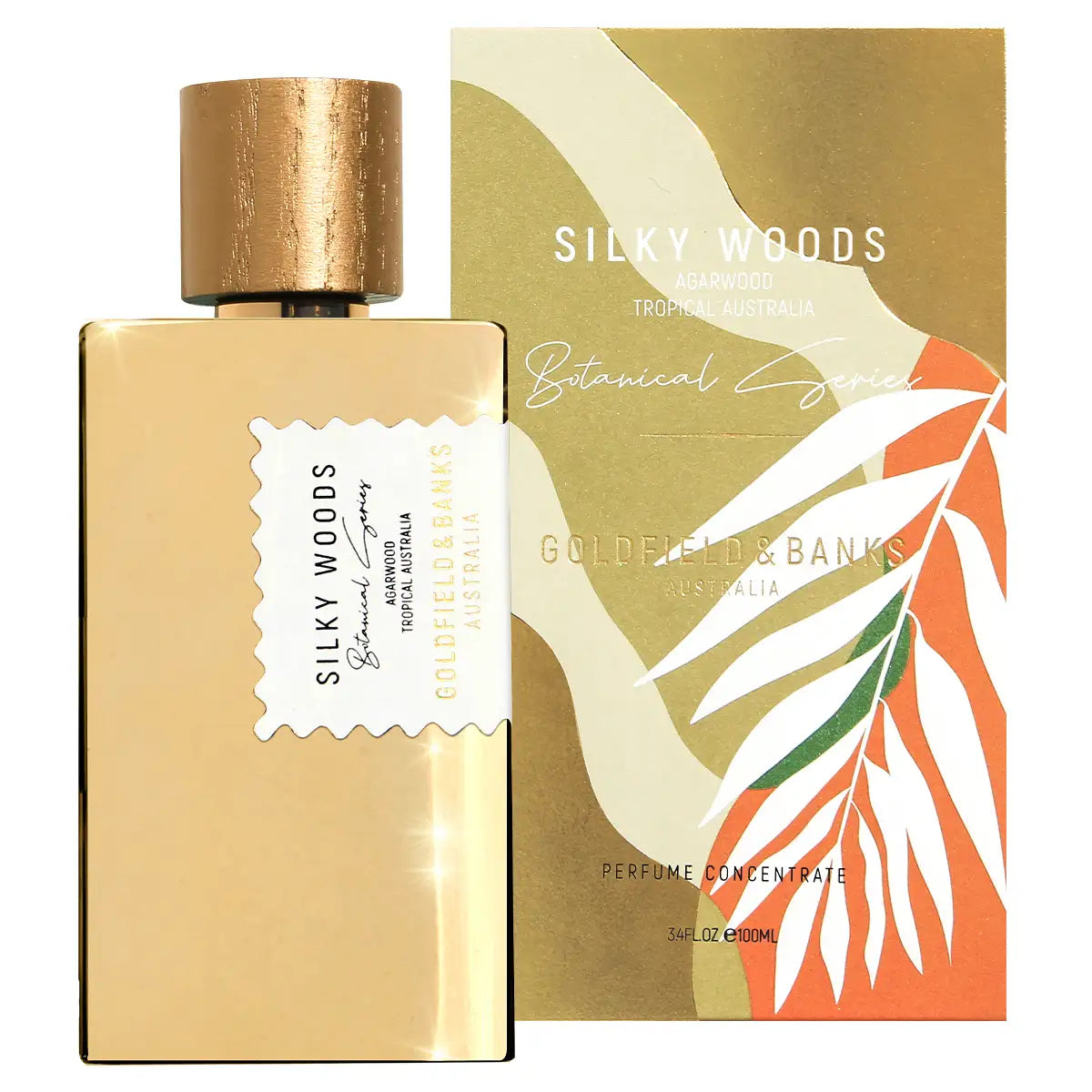 Goldfield & Banks - Botanical Series - Silky Woods Parfum in goldfarbenem Flakon mit Holzverschluss vor dekorativer Verpackung