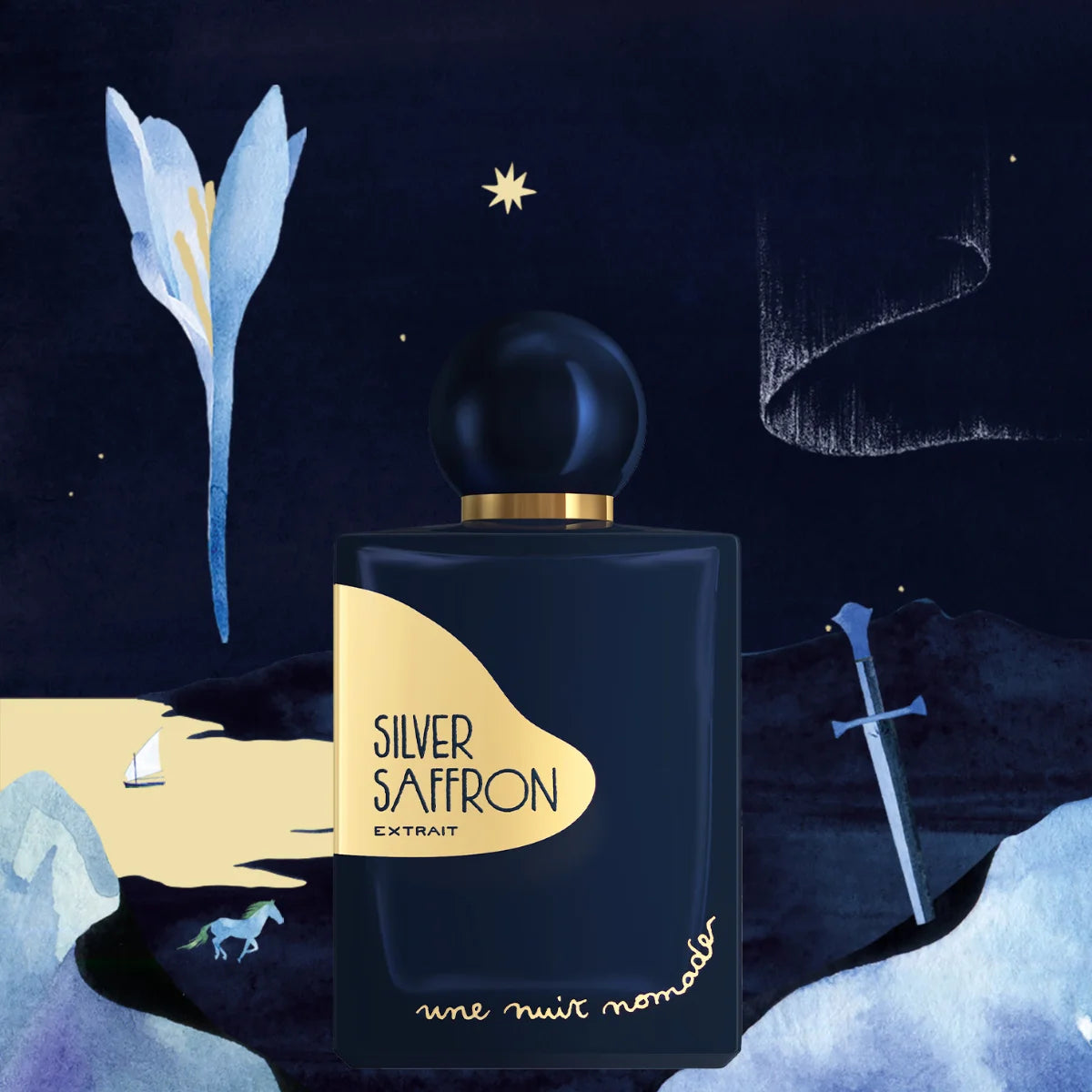 Une Nuit Nomade - Extraits de Voyage - Silver Saffron Parfum in tiefem Blau vor mystischer Nachtlandschaft mit Sternenhimmel