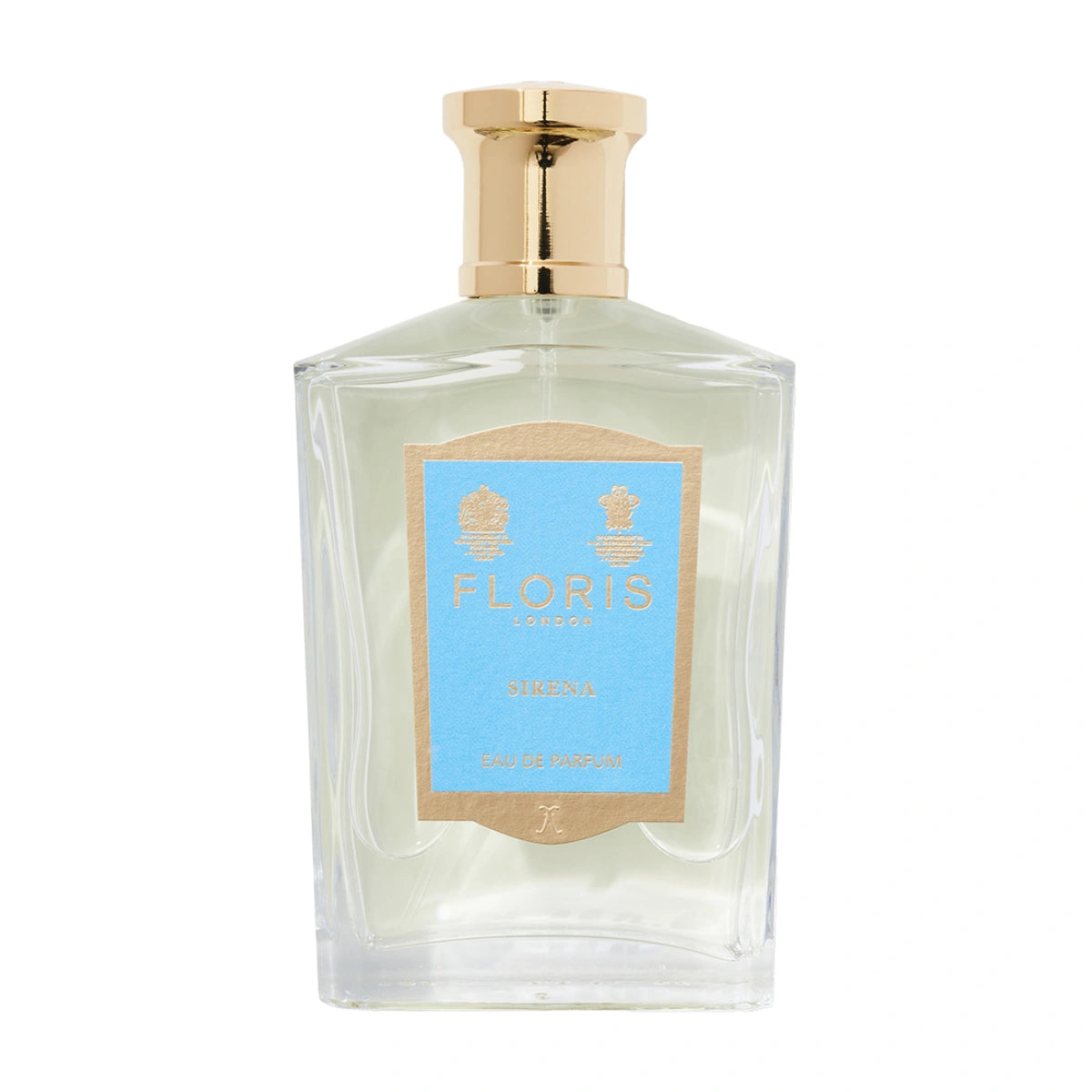 Floris - Sirena Parfumflakon mit klarem Glas, hellblauem Etikett und goldenem Verschluss vor weißem Hintergrund